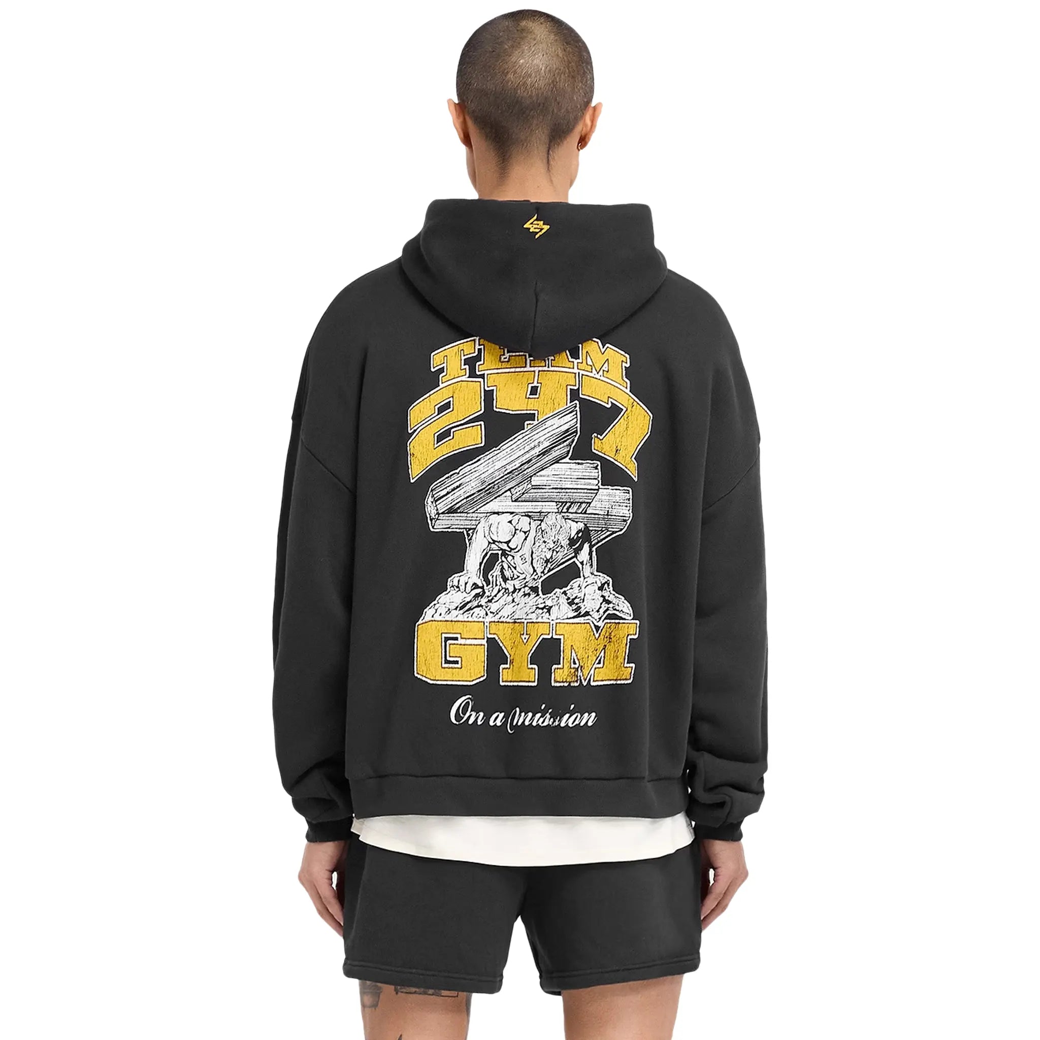 Back Detail view of Represent 247 On His Shoulders Boxy Off Black Hoodie 247M475-171